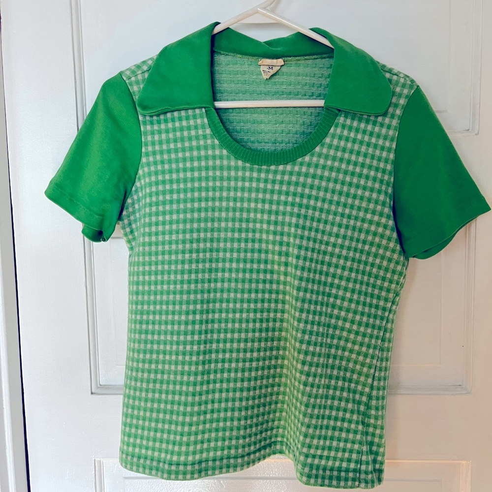 VTG 70s gingham knit top lime green mod retro vintage M/L